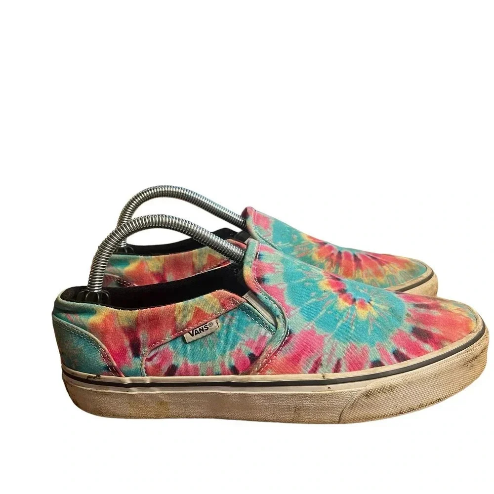 Vans Asher Slip-On Sneaker Women’s 9.5 Canvas Rainbow Tie Dye Multicolor‎